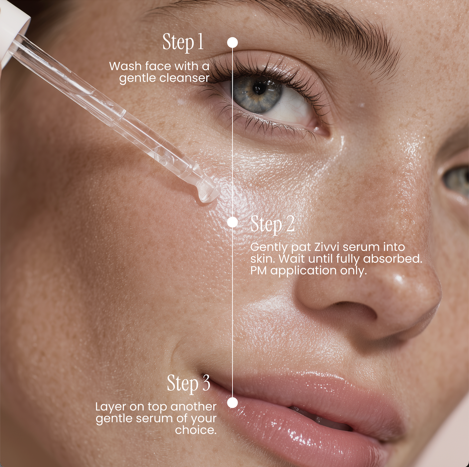 Close-up of a woman's face with skincare steps indicated, including washing with a gentle cleanser and applying serum.