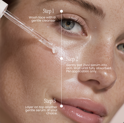 Close-up of a woman's face with skincare steps indicated, including washing with a gentle cleanser and applying serum.